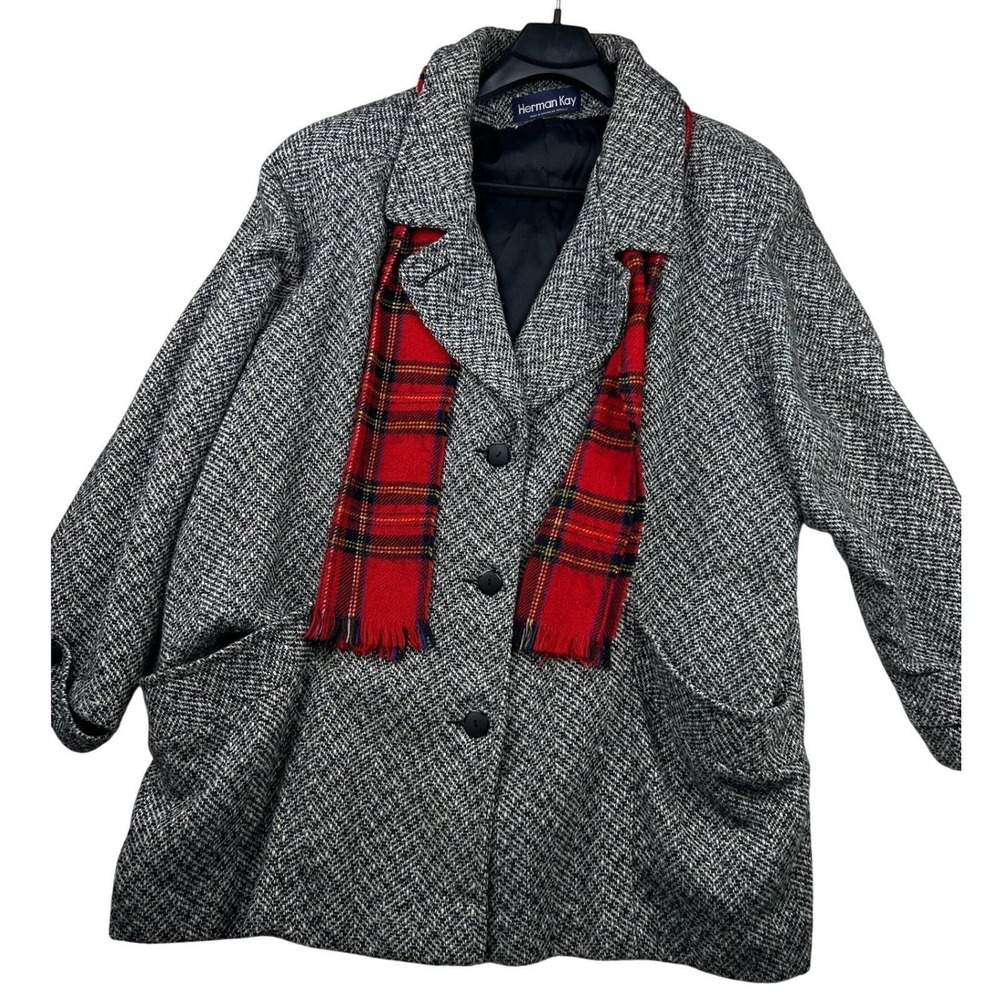 Vintage Herman Kay Herringbone Wool Blend Coat 16 Gray Dark Academia Scarf